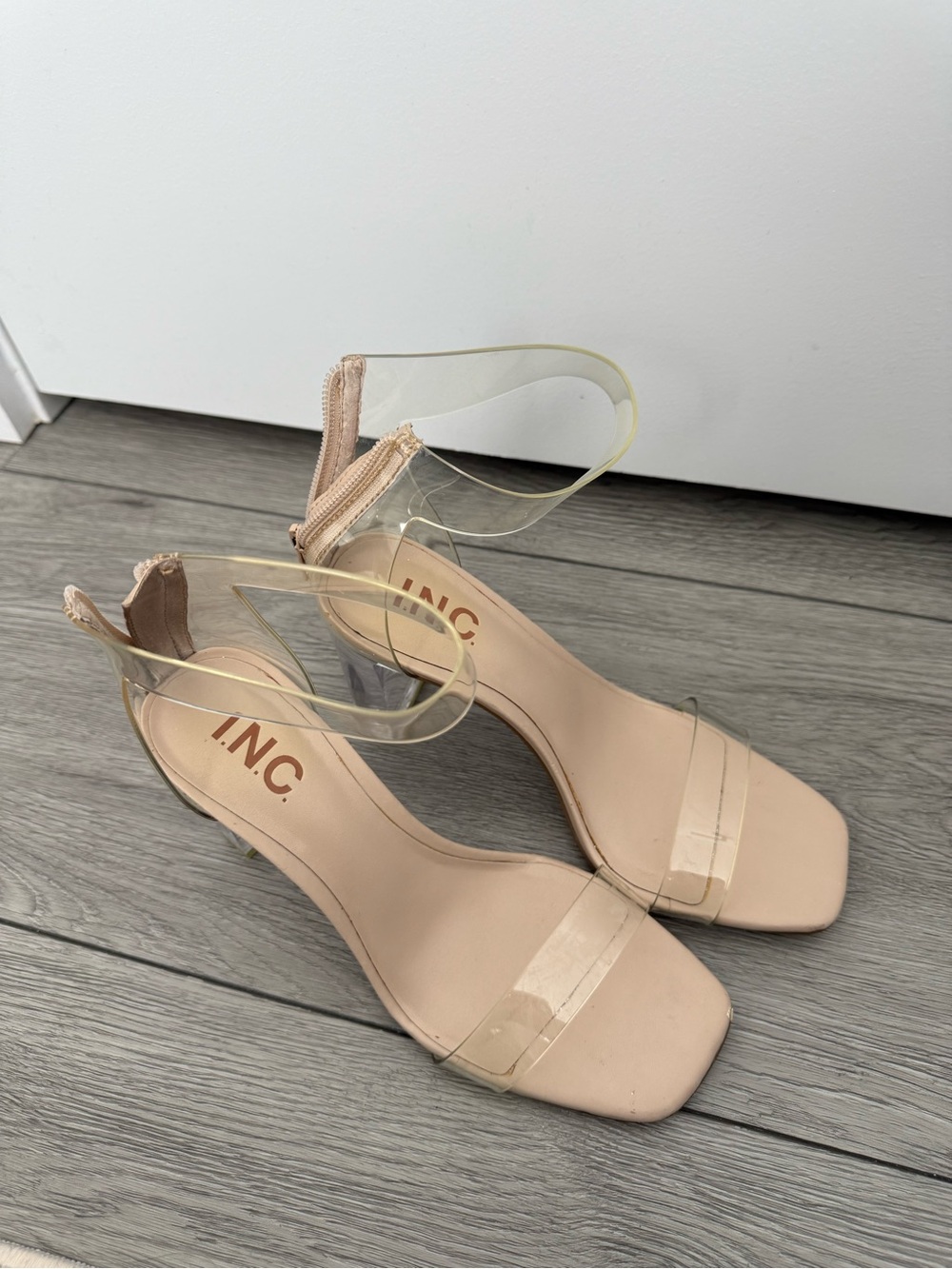 INC International Concepts Nude and Clear Ankle-Strap Block Heels